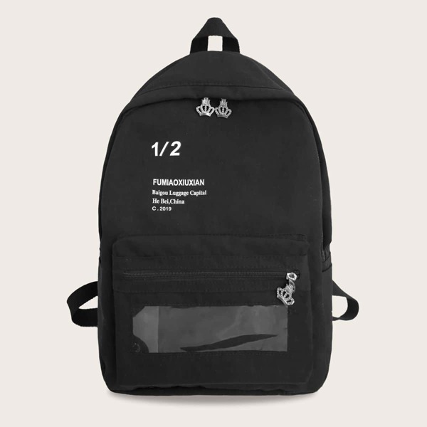 

Рюкзак с прозрачным карманом и декором коронки, Чёрный