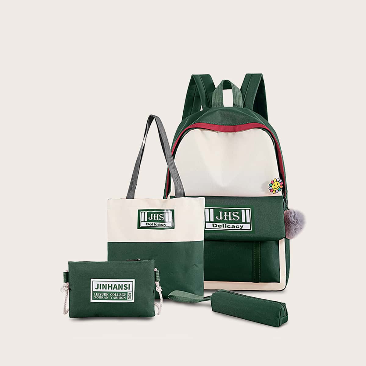 

4pcs Letter Graphic Color-block Backpack With Pencil Case, Multicolor
