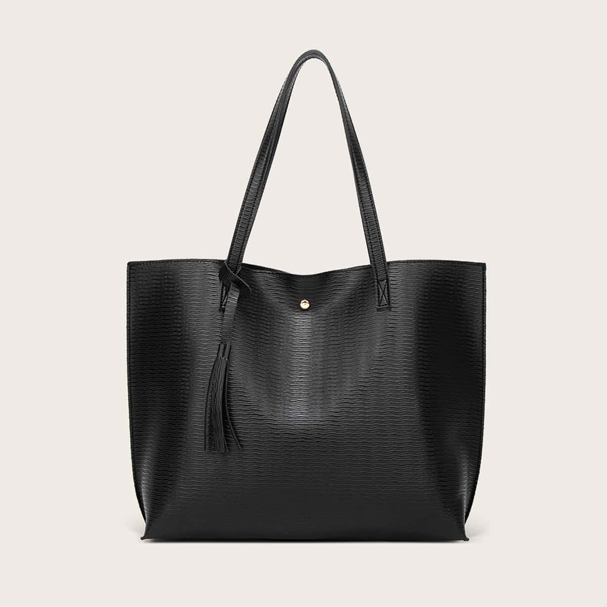 

Tassel Decor Minimalist Large Capacity Tote Bag, Black