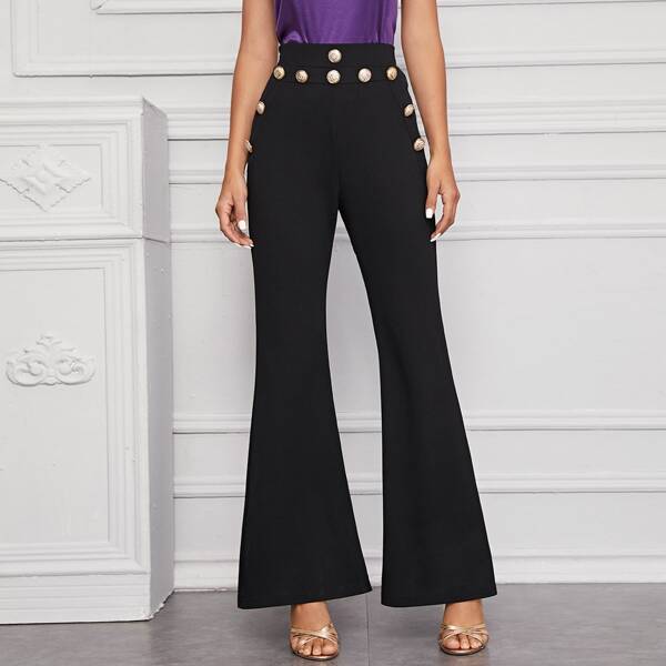 

Zipper Side Gold Button Detail Flare Leg Pants, Black