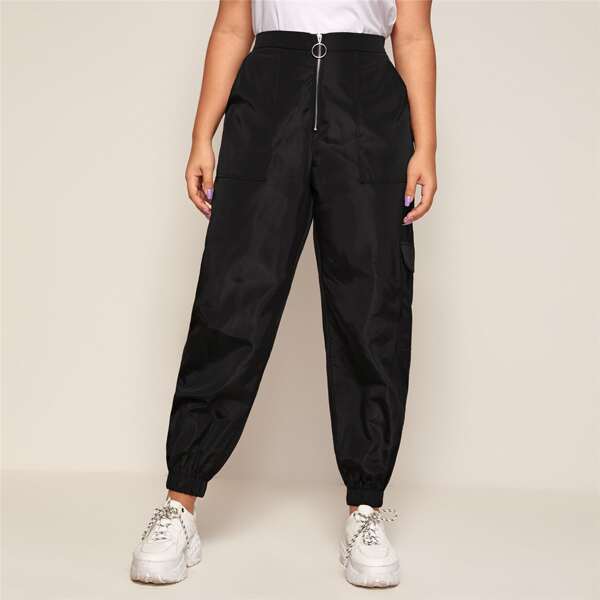 

Plus Zip Front Patch Pocket Cargo Pants, Black