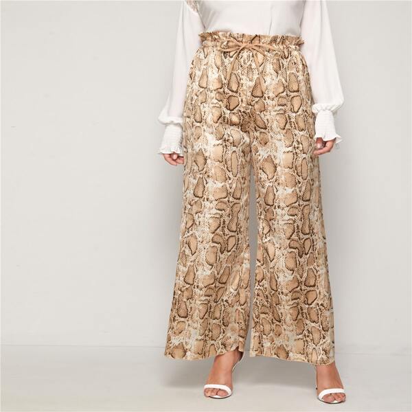 

Plus Paperbag Waist Snakeskin Pattern Wide Leg Pants, Multicolor