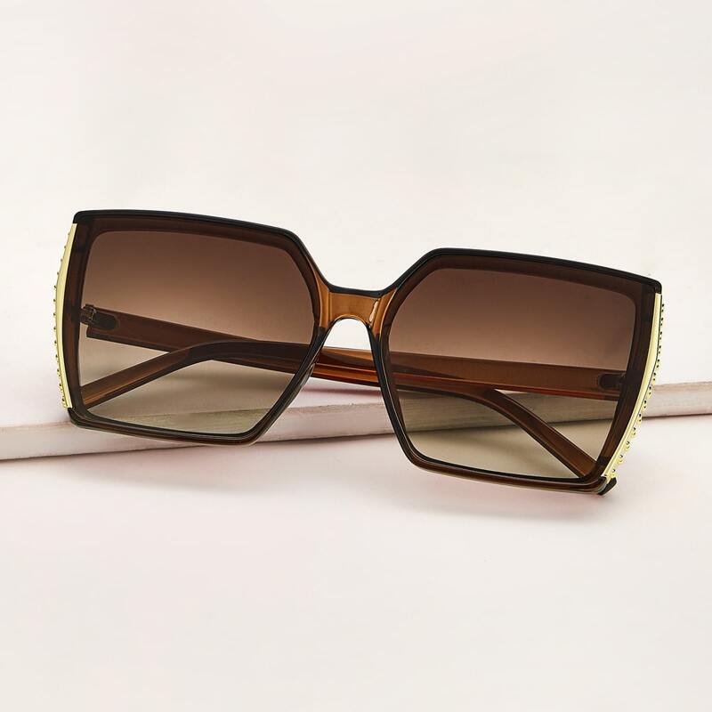 

Metal Detail Square Sunglasses With Case, Brown