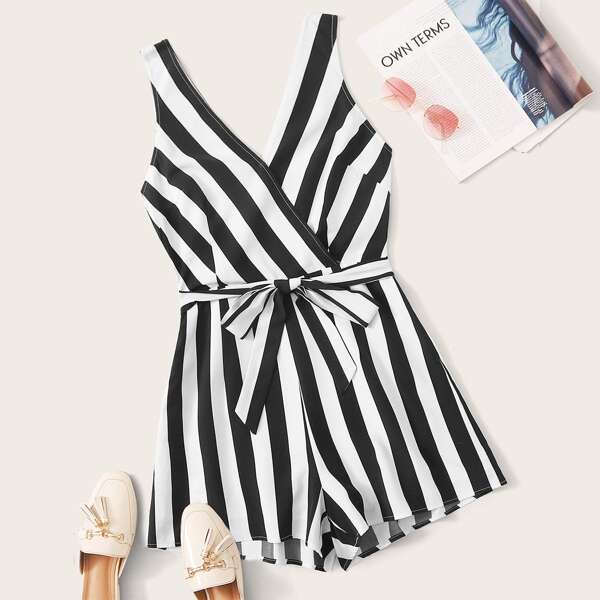 

Surplice Neck Self Belted Striped Romper, Black and white