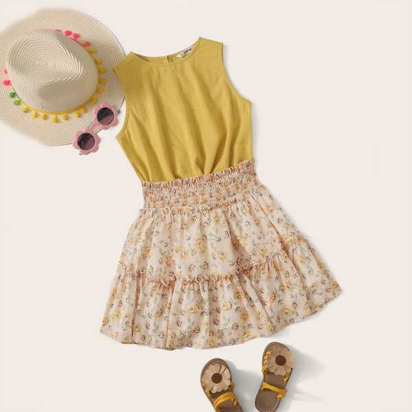 

Girls Top & Shirred Waistband Frill Trim Floral Skirt Set, Multicolor