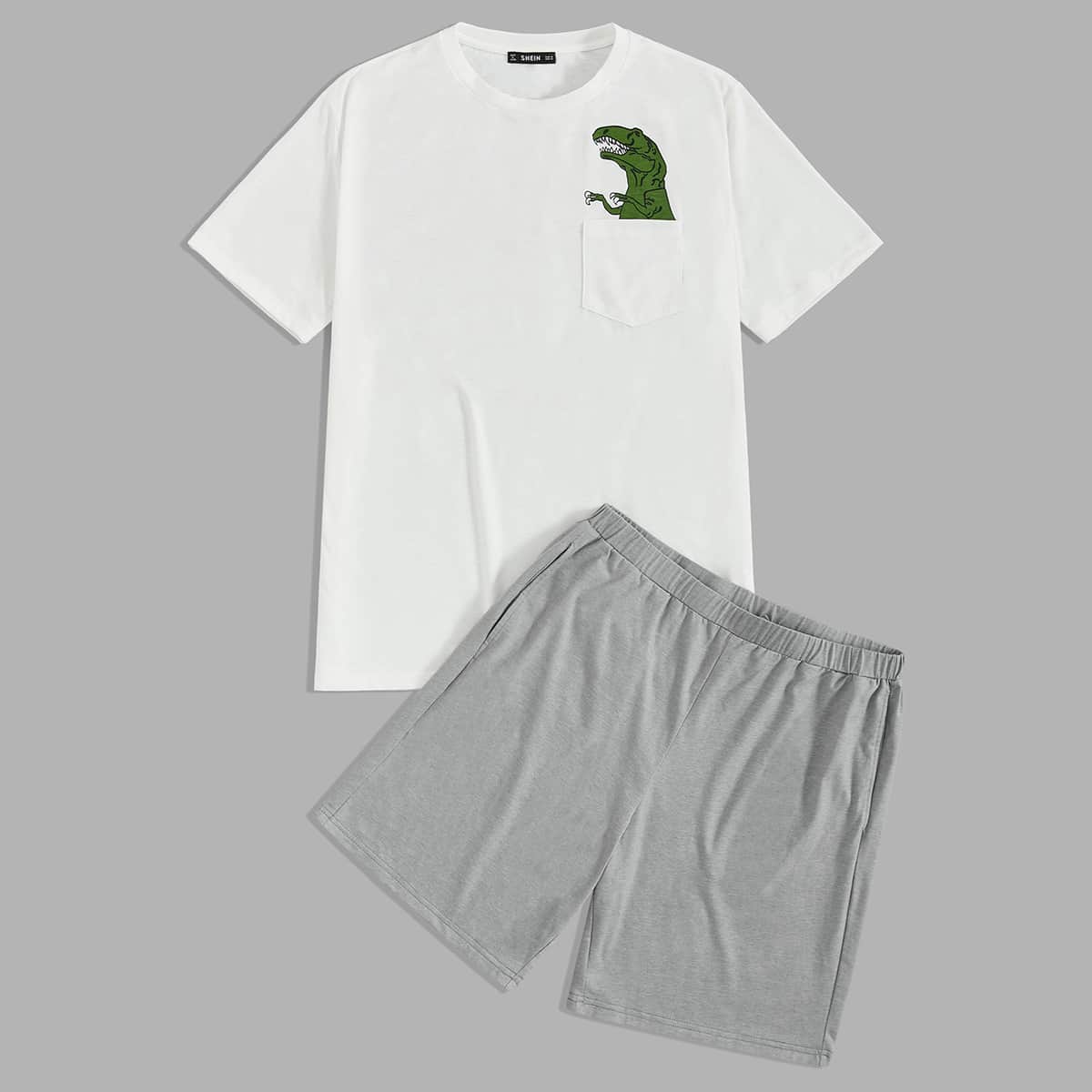 

Guys Patch Pocket Dinosaur Print Top & Shorts PJ Set, Multicolor