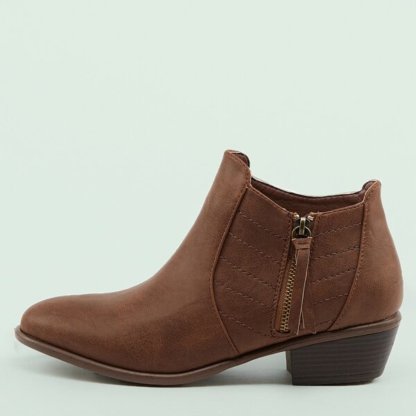 

Top Stitch Detail Almond Toe Low Heel Booties, Brown