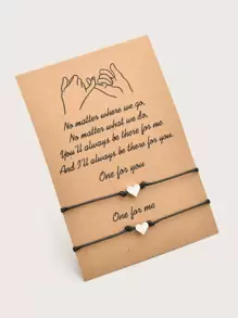 2pcs Zinc Alloy Heart Shaped Wax Rope Braided Friendship Bracelets, Suitable As Mother's Day Gift - Black - View 2