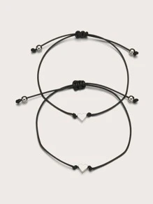 2pcs Zinc Alloy Heart Shaped Wax Rope Braided Friendship Bracelets, Suitable As Mother's Day Gift - Black - View 1