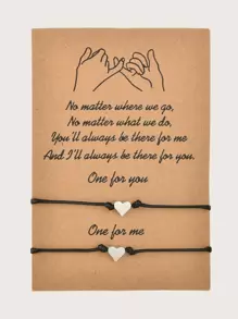 2pcs Zinc Alloy Heart Shaped Wax Rope Braided Friendship Bracelets, Suitable As Mother's Day Gift - Black - View 3