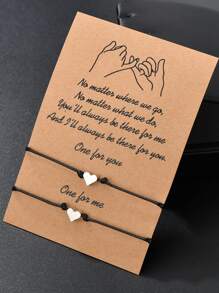 2pcs Zinc Alloy Heart Shaped Wax Rope Braided Friendship Bracelets, Suitable As Mother's Day Gift - Black - View 5