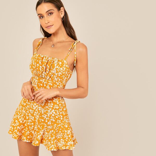 

Ruched Bust Tie Shoulder Ruffle Hem Cami Romper, Yellow