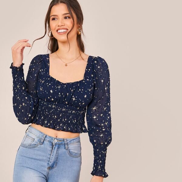 

Star Print Shirred Panel Swiss Dot Top, Navy blue