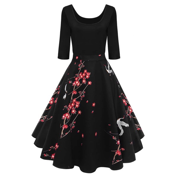 

Plus Floral Print Fit And Flare Dress, Black