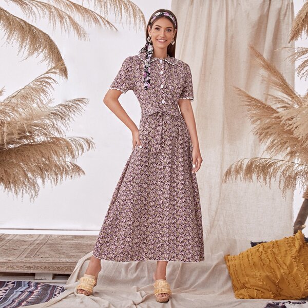 

Ditsy Floral Self Tie Shirt Dress, Multicolor