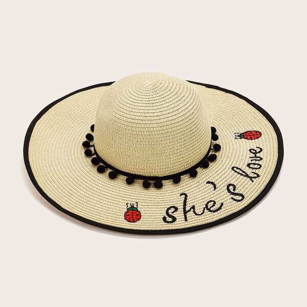 

Pom Pom Decor Slogan Embroidery Straw Hat, Khaki