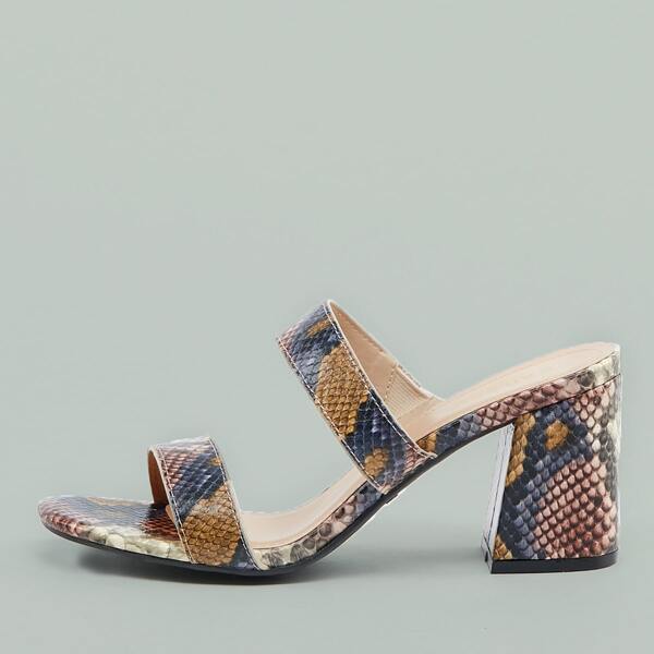 

Snakeskin Twin Band Open Toe Chunky Heel Mules, Multicolor