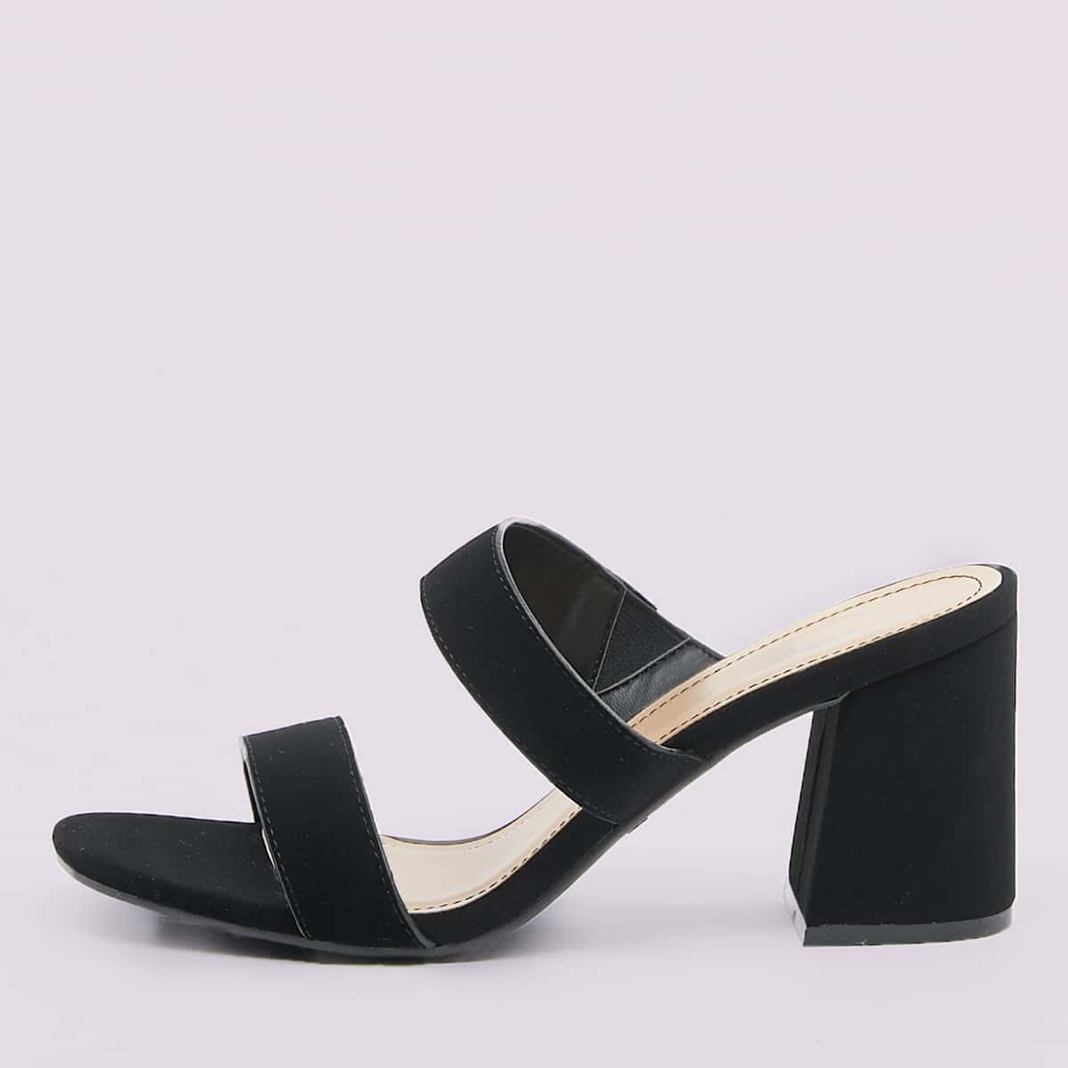 

Double Band Open Toe Block Heel Mules, Black