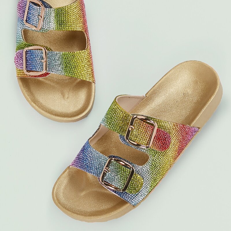 

Rhinestone Double Buckle Band Footbed Sandals, Multicolor