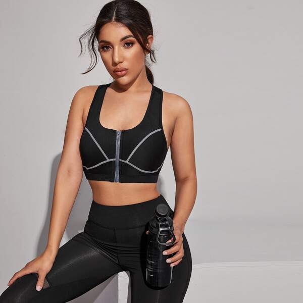 

Zip Front Racer Back Sports Bra, Black