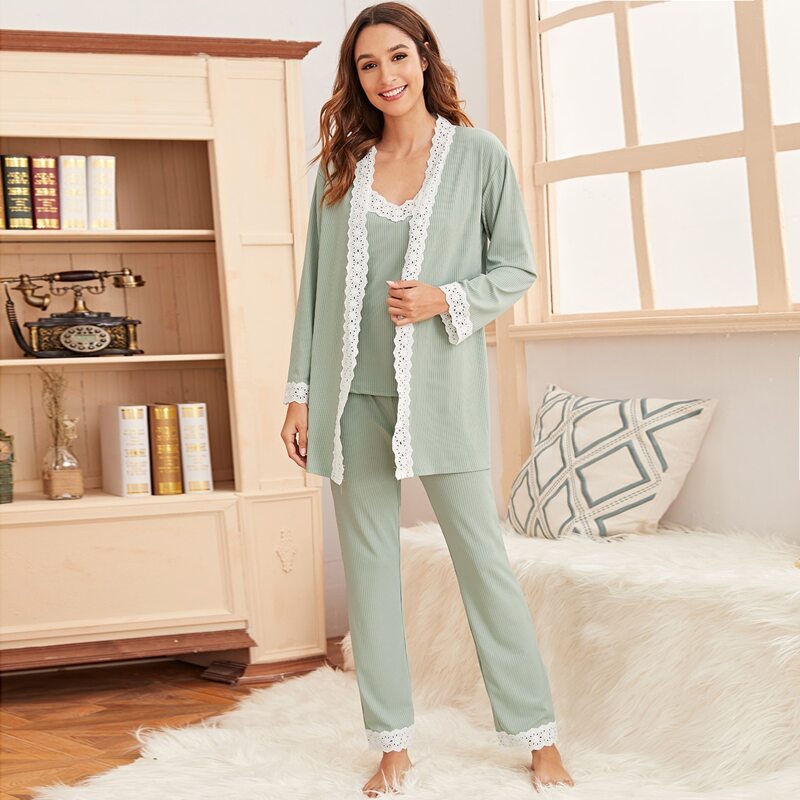 

3Pcs Lace Trim Cami Top & Pants & Robe PJ Set, Green