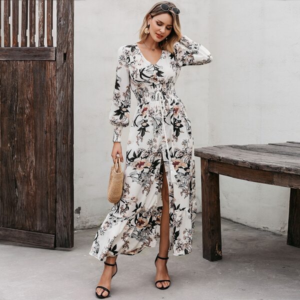 

Simplee Button Front Shirred Waist Floral Dress, Multicolor