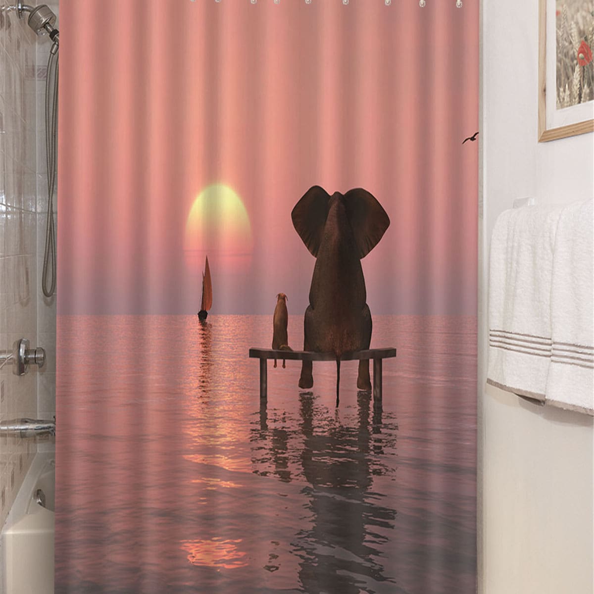 

1pc Elephant Print Shower Curtain With 12pcs Hook, Multicolor