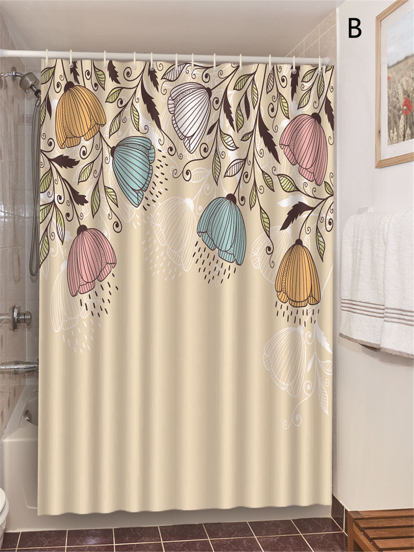 1pc Leaf & Flower Print Shower Curtain With 12pcs Hook