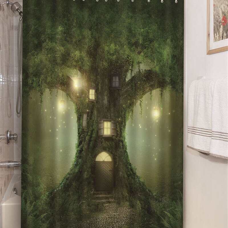 

1pc Tree Print Shower Curtain With 12pcs Hook, Green