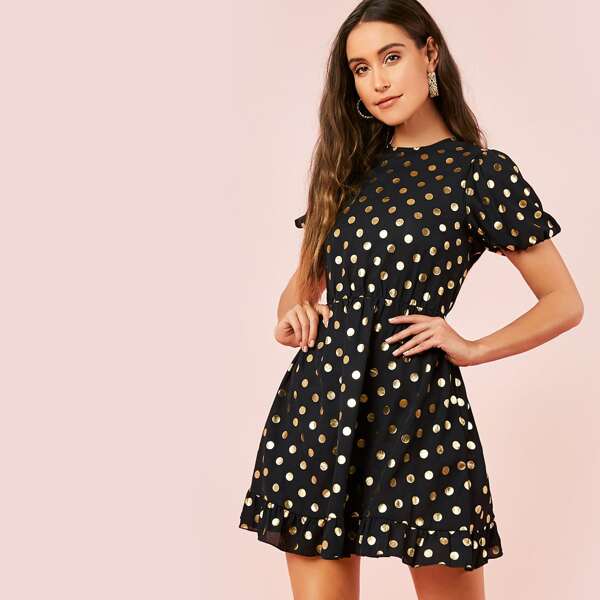 

Puff Sleeve Ruffle Hem Gold Polka Dot Dress, Black