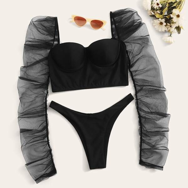 

Mesh Puff Sleeve Underwired Bikini Swimsuit, Black