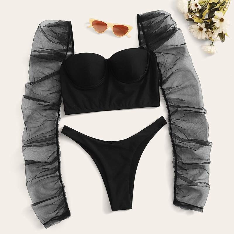 

Mesh Puff Sleeve Underwired Bikini Swimsuit, Black