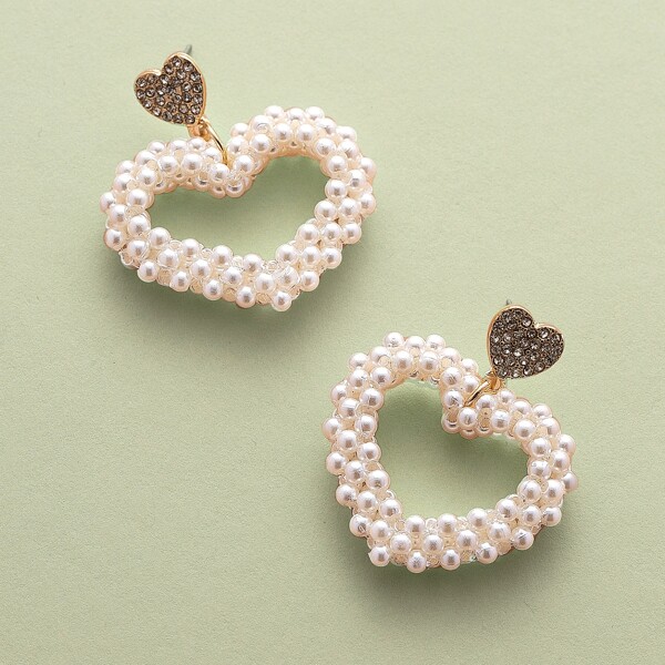 

1pair Pearl Detail Pave Heart Earrings, White