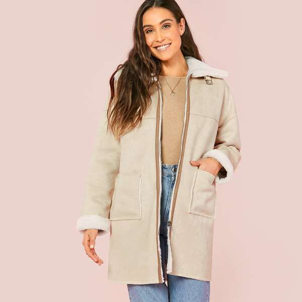 

Zipper Placket Patch Pocket Faux Shearling Coat, Beige