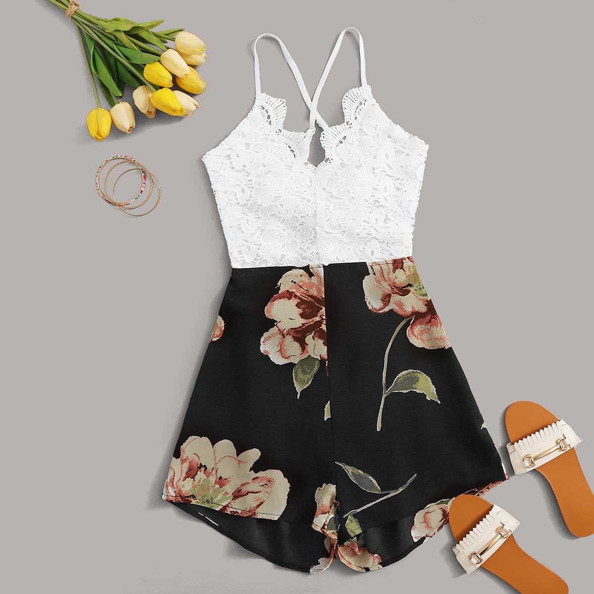 

Floral Tie Back Cami Romper, Multicolor