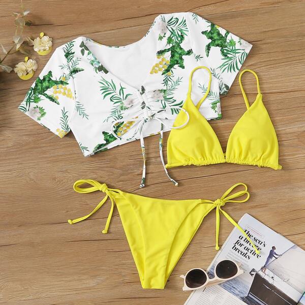 

3pack Plant Print Triangle Co-ord Bikini Swimsuit, Multicolor