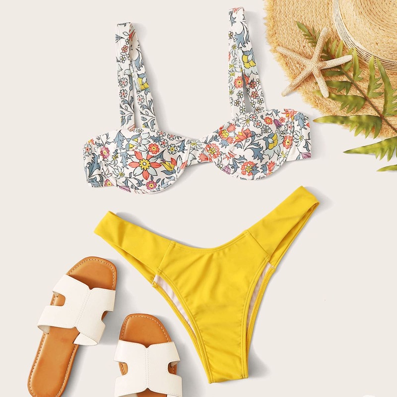 

Rib Floral Underwire High Cut Bikini Swimsuit, Multicolor
