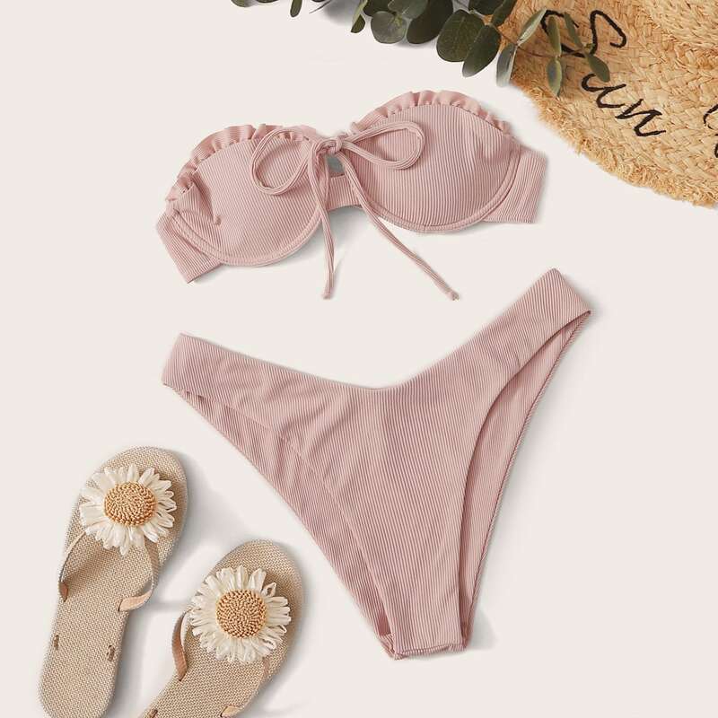 

Frill Trim Underwire Bandeau High Cut Bikini Swimsuit, Pink