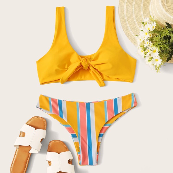 

Knot Front Top With Striped Bikini Set, Yellow