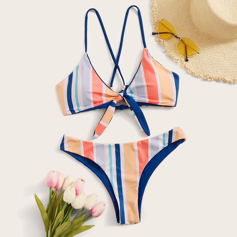 

Striped Knot Front Bikini Swimsuit, Multicolor