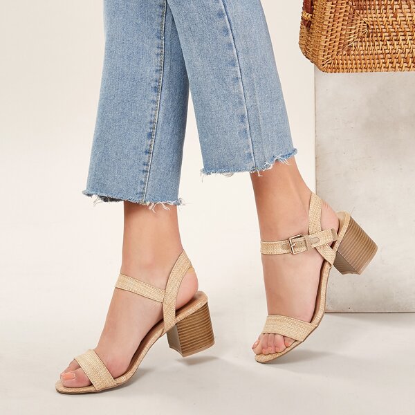 

Raffia Open Toe Ankle Strap Chunky Heel Sandals, Khaki