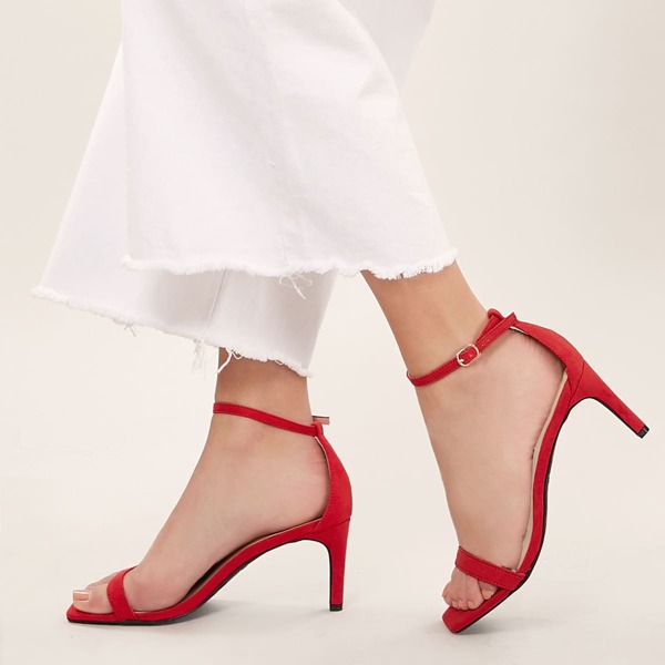 

Square Open Toe Low Heel Ankle Strap Sandals, Red