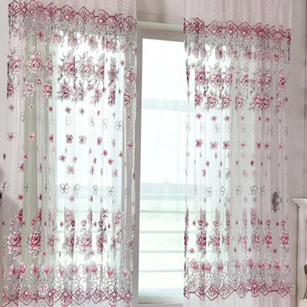 

1pc Floral Pattern Print Mesh Curtain, Pink