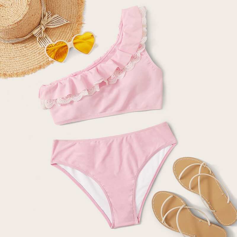 

Ruffle Trim One Shoulder Bikini Swimsuit, Pink