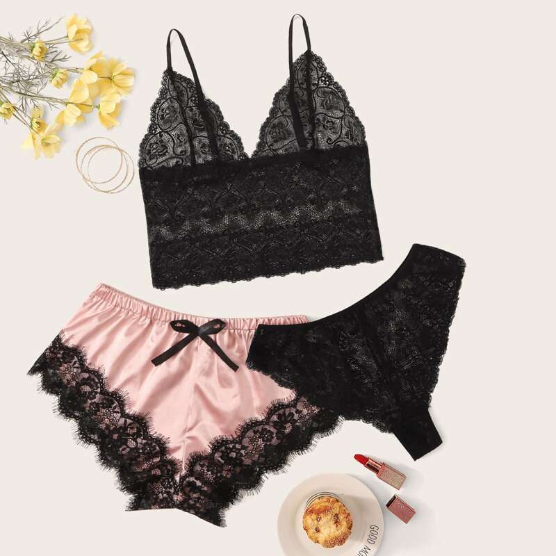 

3pack Floral Lace Lingerie Set With Satin Shorts, Black