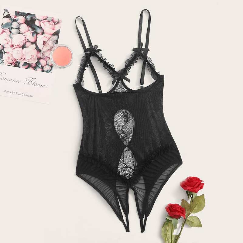 

Floral Lace Crotchless Teddy Bodysuit, Black
