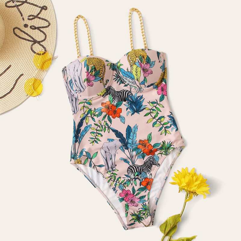 

Plant & Animal Print Underwired One Piece Swimsuit, Multicolor