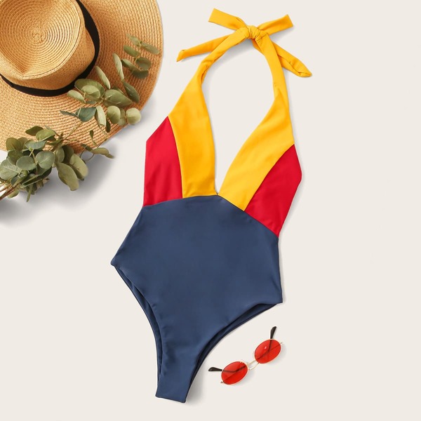 

Color Block Plunging Halter One Piece Swimsuit, Multicolor
