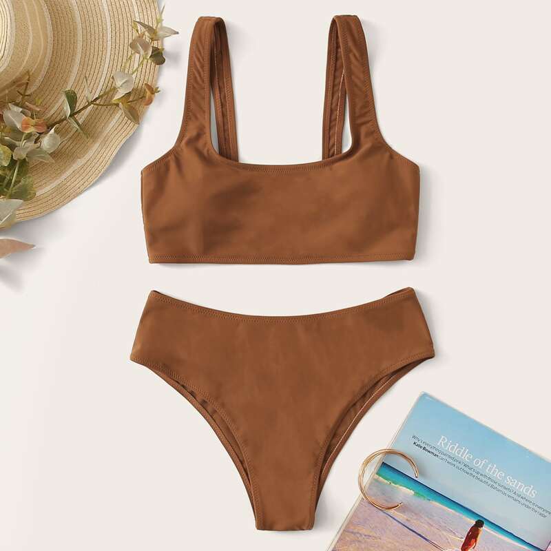 

Scoop Neck High Waisted Bikini Swimsuit, Brown