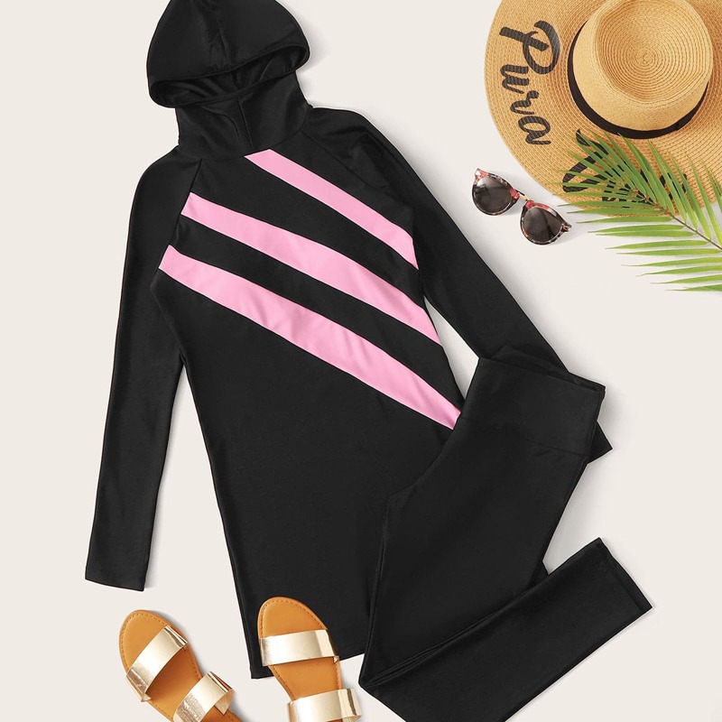 

Striped Long Sleeve Hooded Burkini, Black